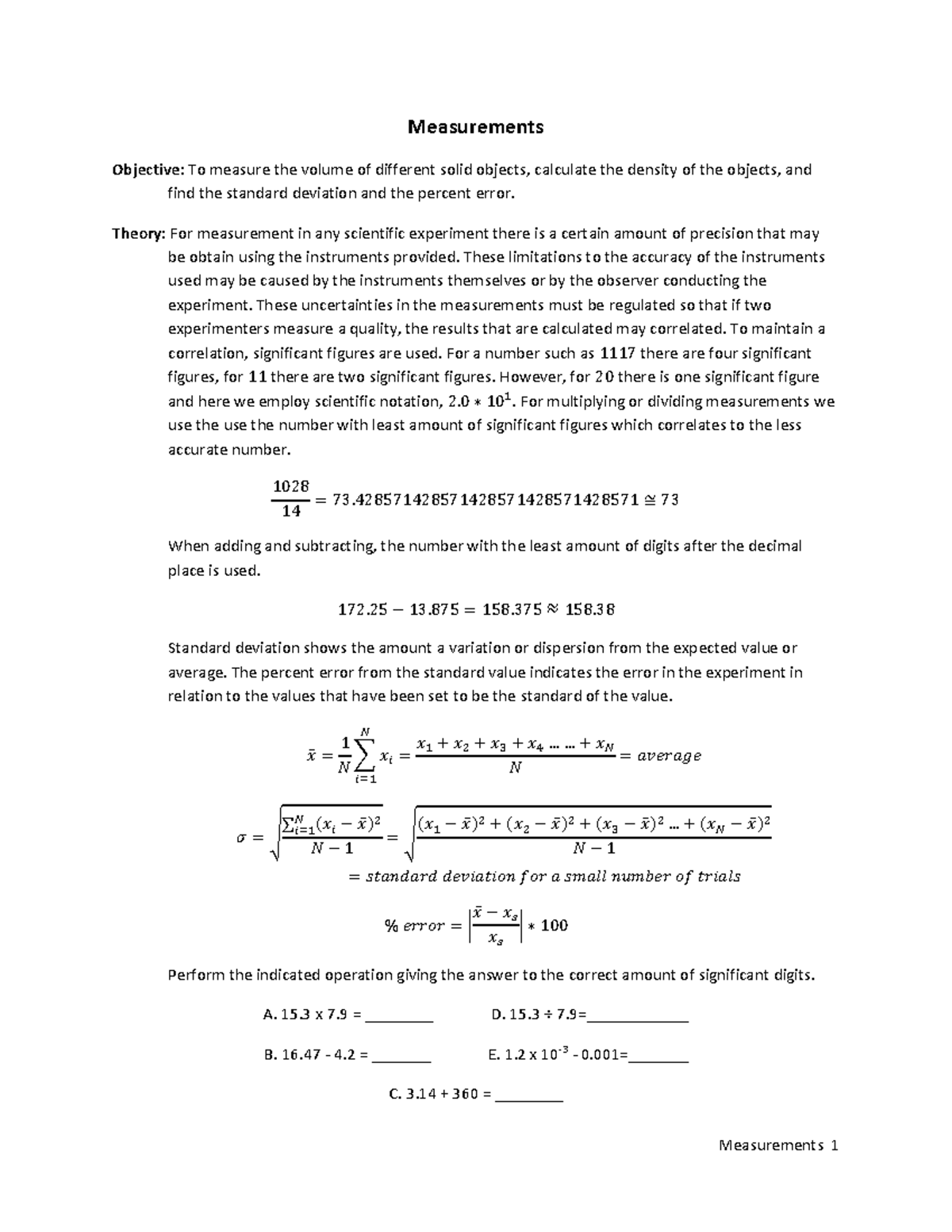 Measurements Lab Report: Volume, Density, and Error Analysis - Studocu
