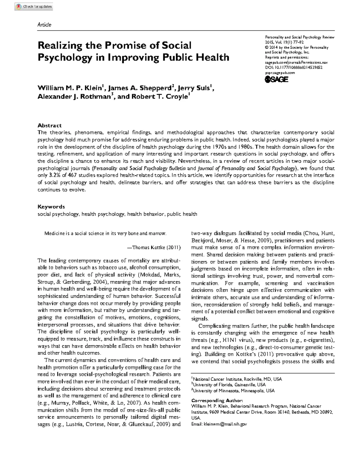 Health in the U.S.: The Role of Choice and Personal Responsibility ...