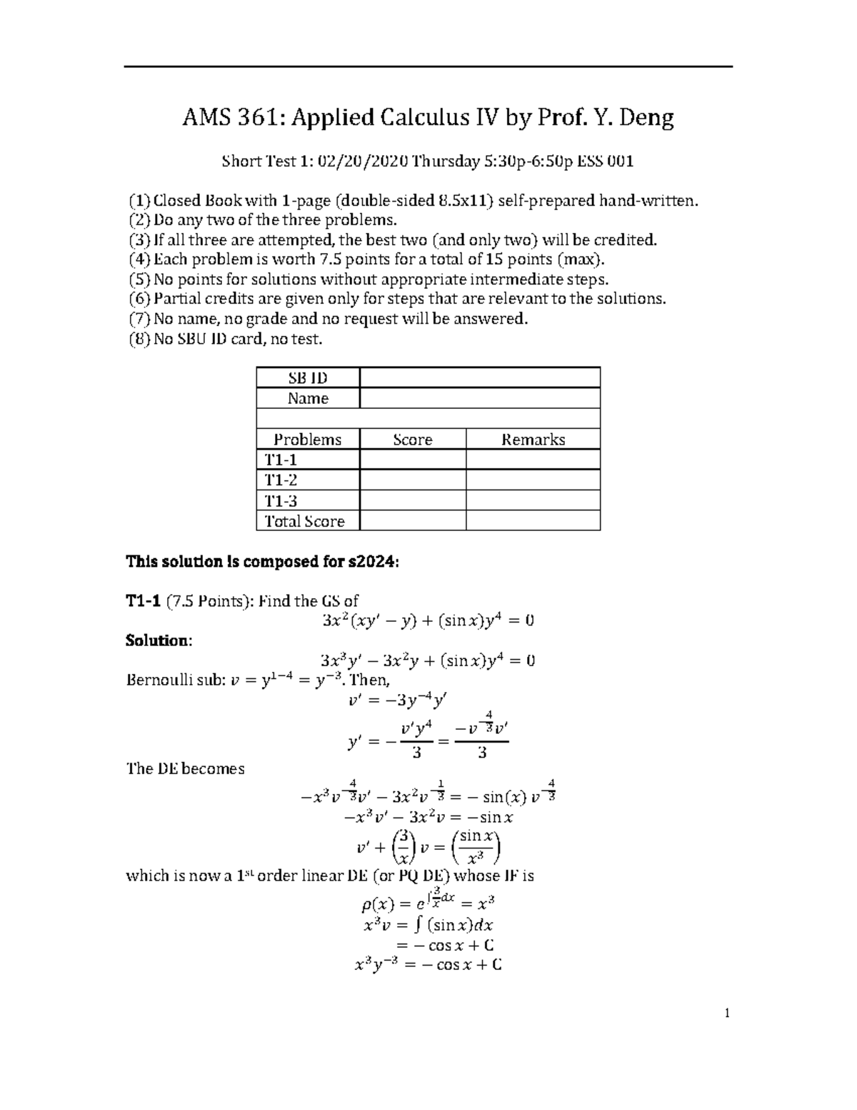 AMS 361: Applied Calculus IV Short Test 1 Answers - Studocu