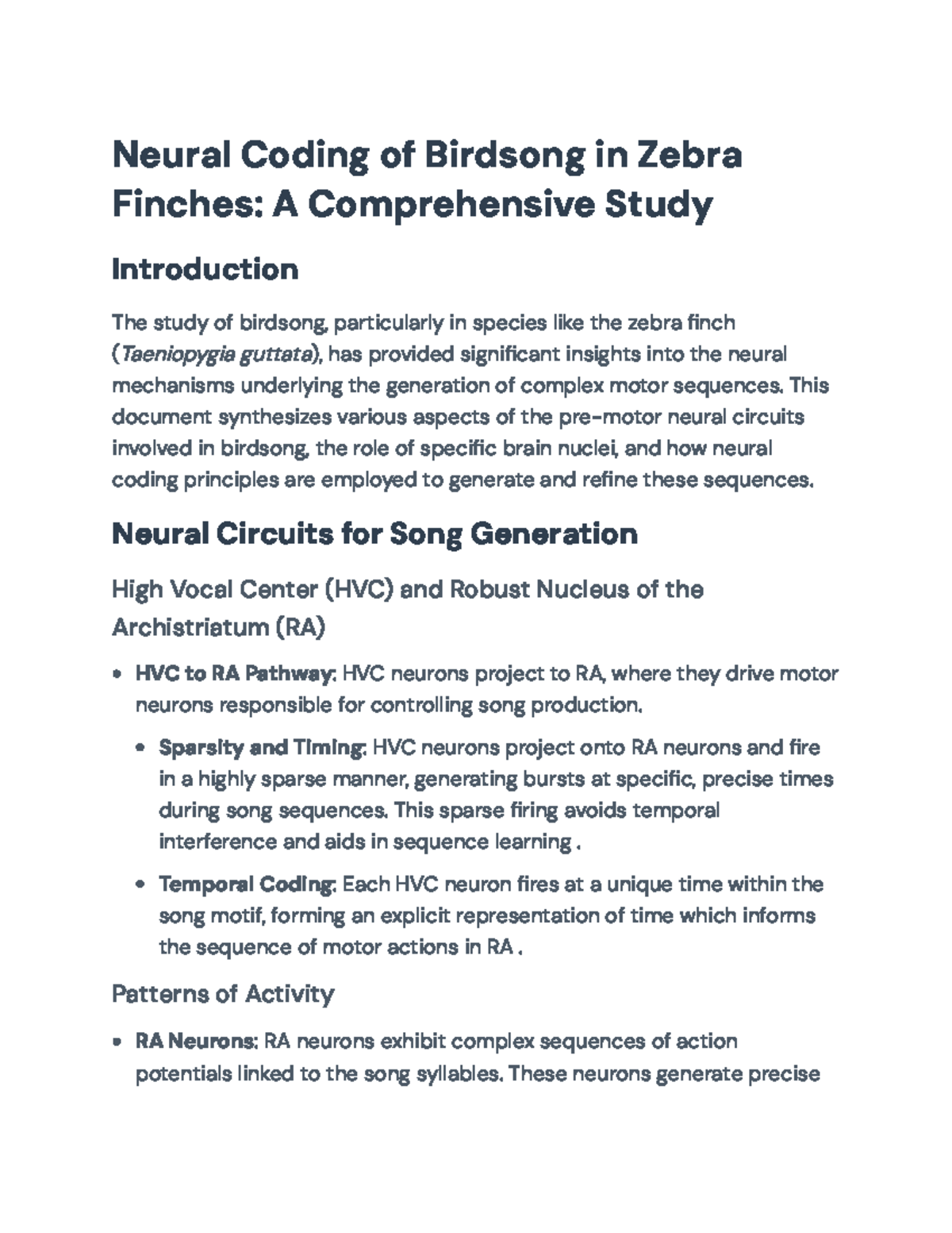Neural Coding in Birdsong: Insights from Zebra Finches Study - Neural ...