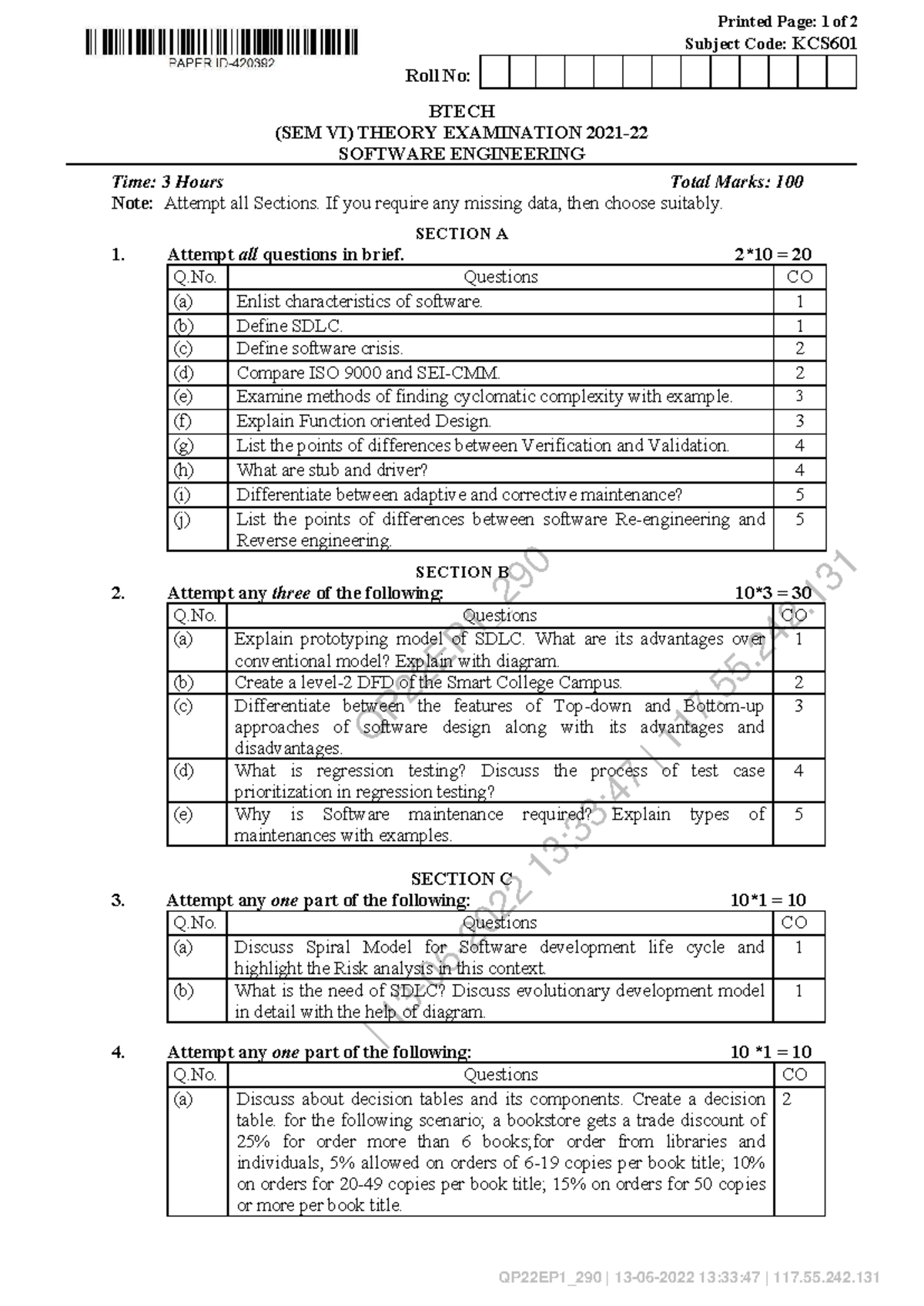 KCS601 BTECH SEM VI Software Engineering Exam Questions Compilation ...