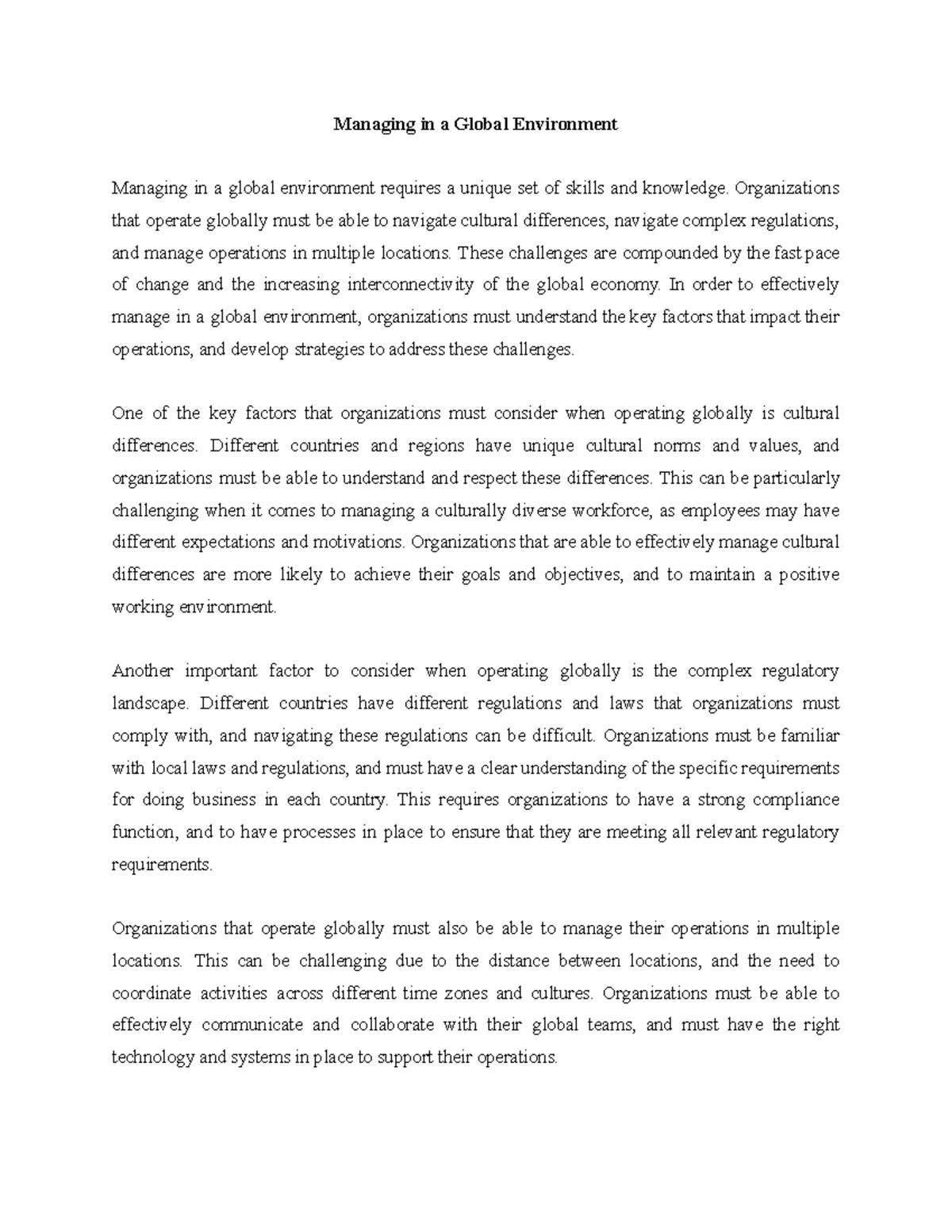Managing in a Global Environment: Key Strategies and Challenges - Studocu