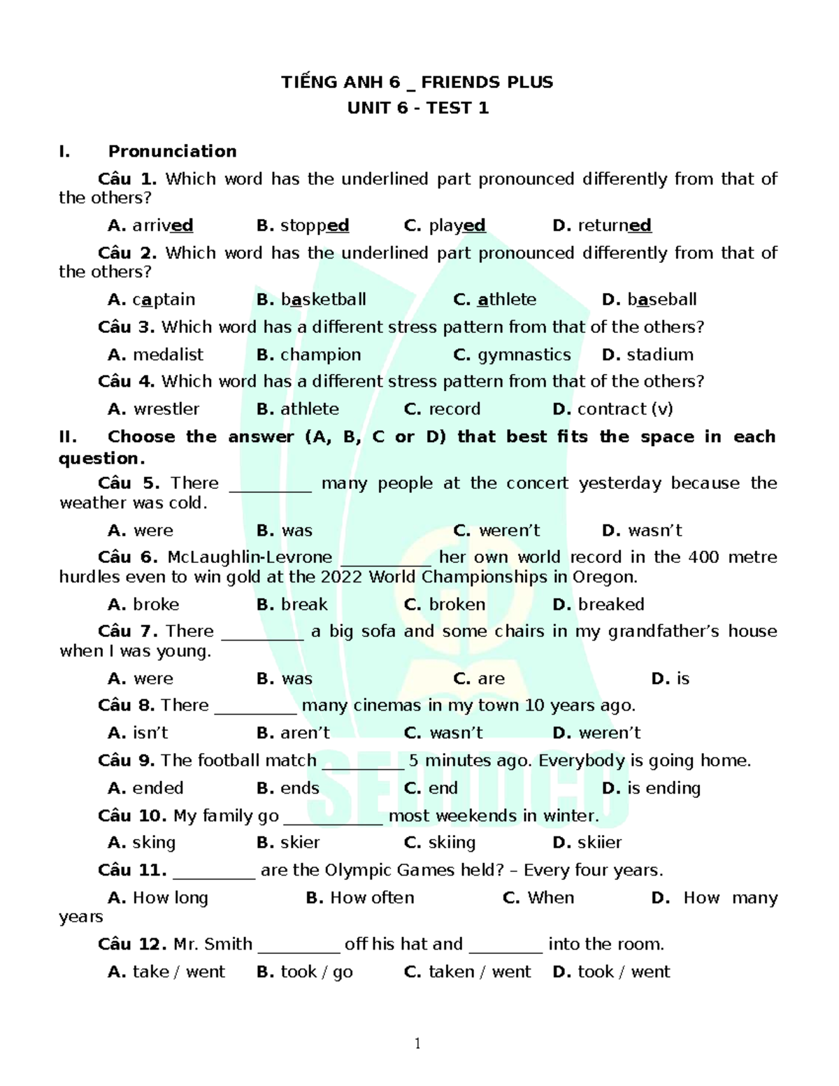 TIẾNG ANH 6 _ FRIENDS PLUS UNIT 6 TEST PRACTICE - Studocu