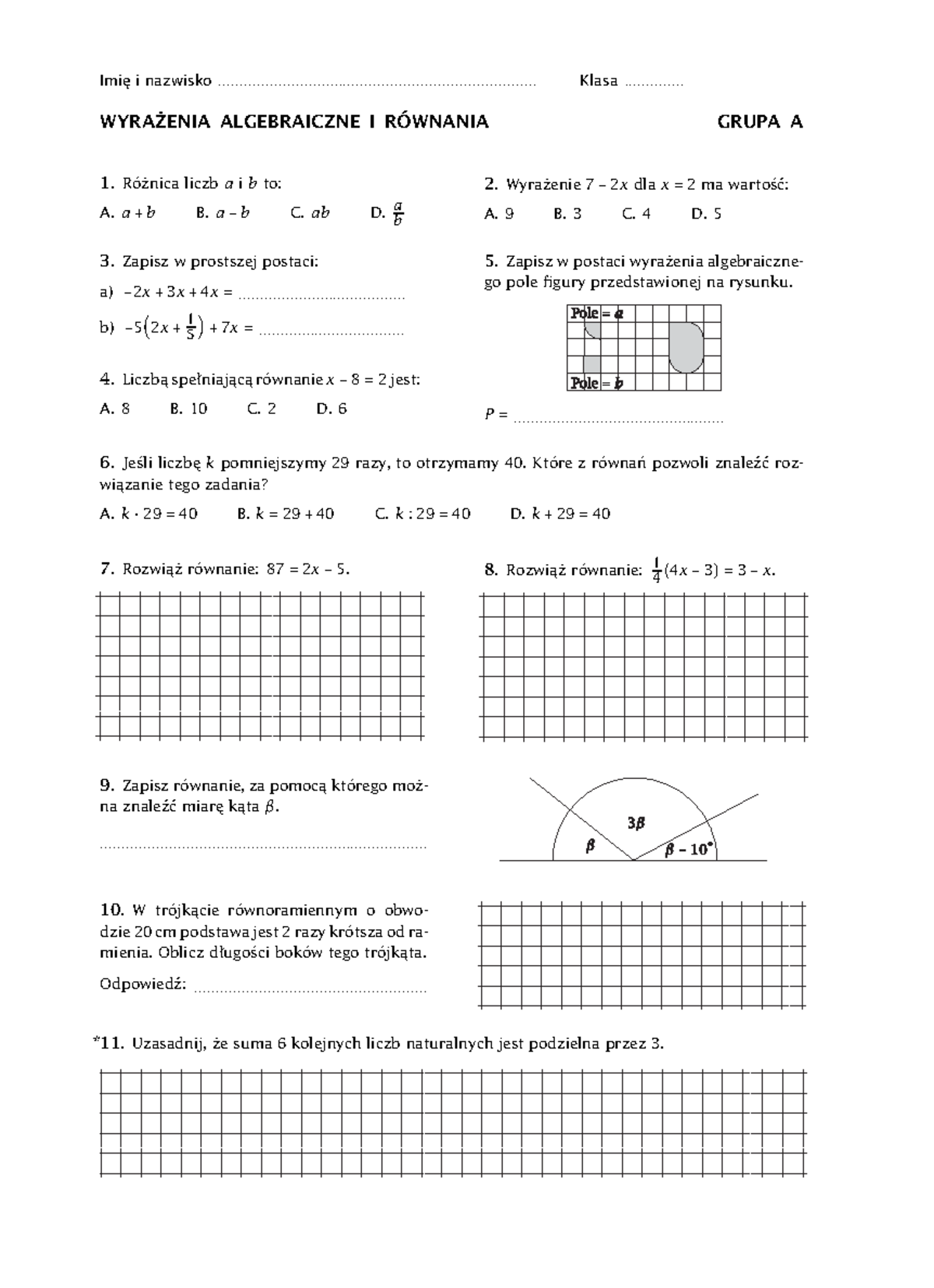 Wyrażenia Algebraiczne i Równania - Praca Klasowa Grupa A i B - Studocu