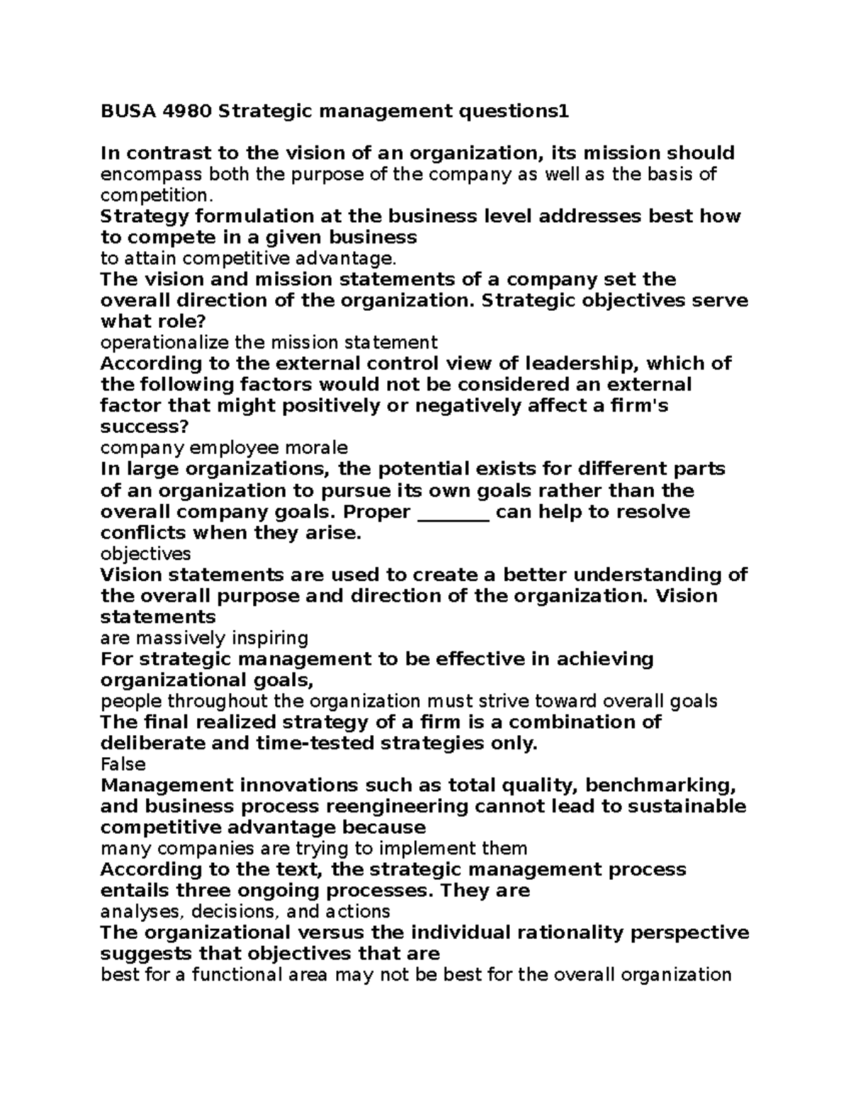 BUSA 4980 Strategic management questions 1 - BUSA 4980 Strategic ...
