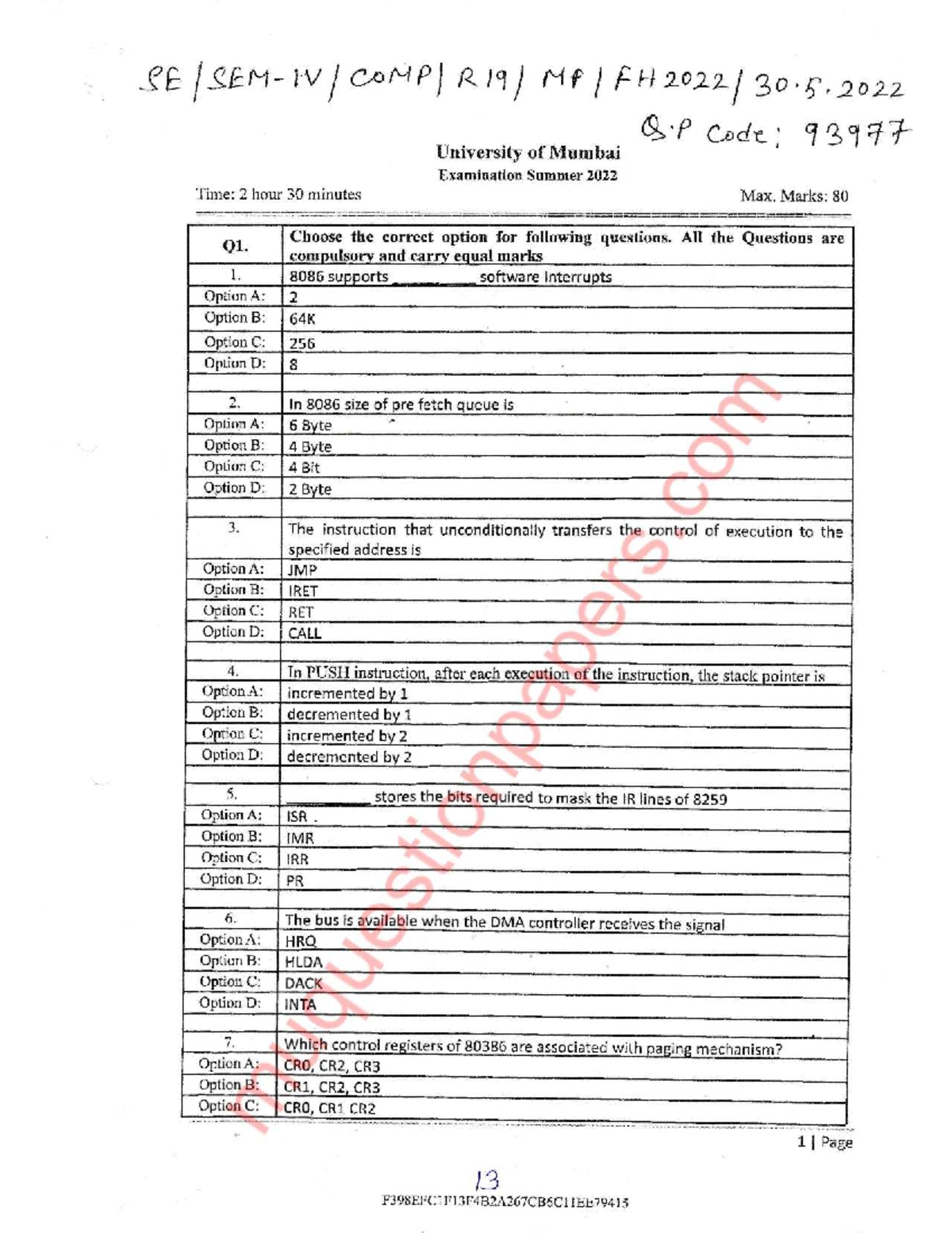 COMP) MP FH 30.5.2022 Q.P Code: 93977 Microprocessor Exam Questions ...
