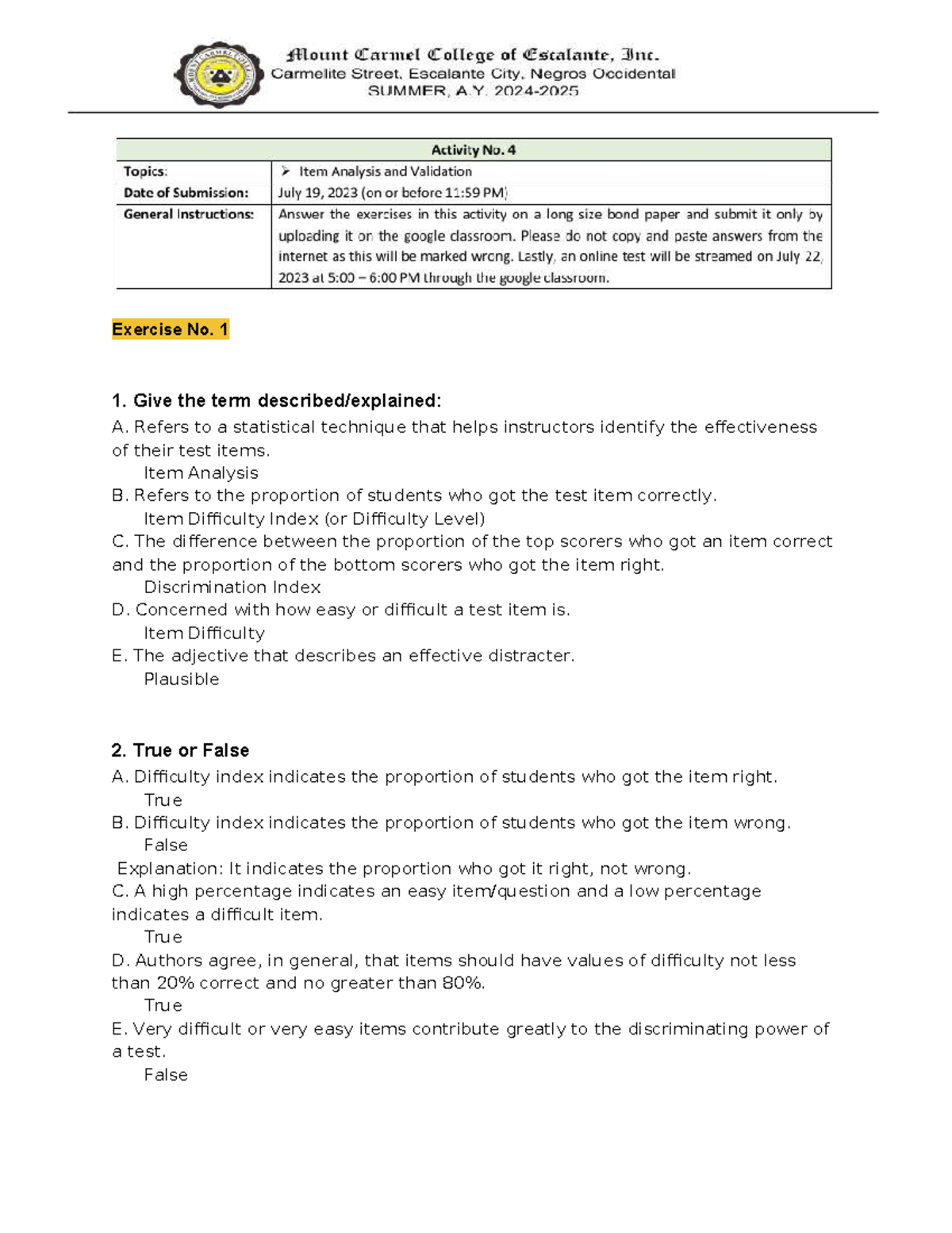 Assessment in Learning Course Module - Midterm Answers - Studocu