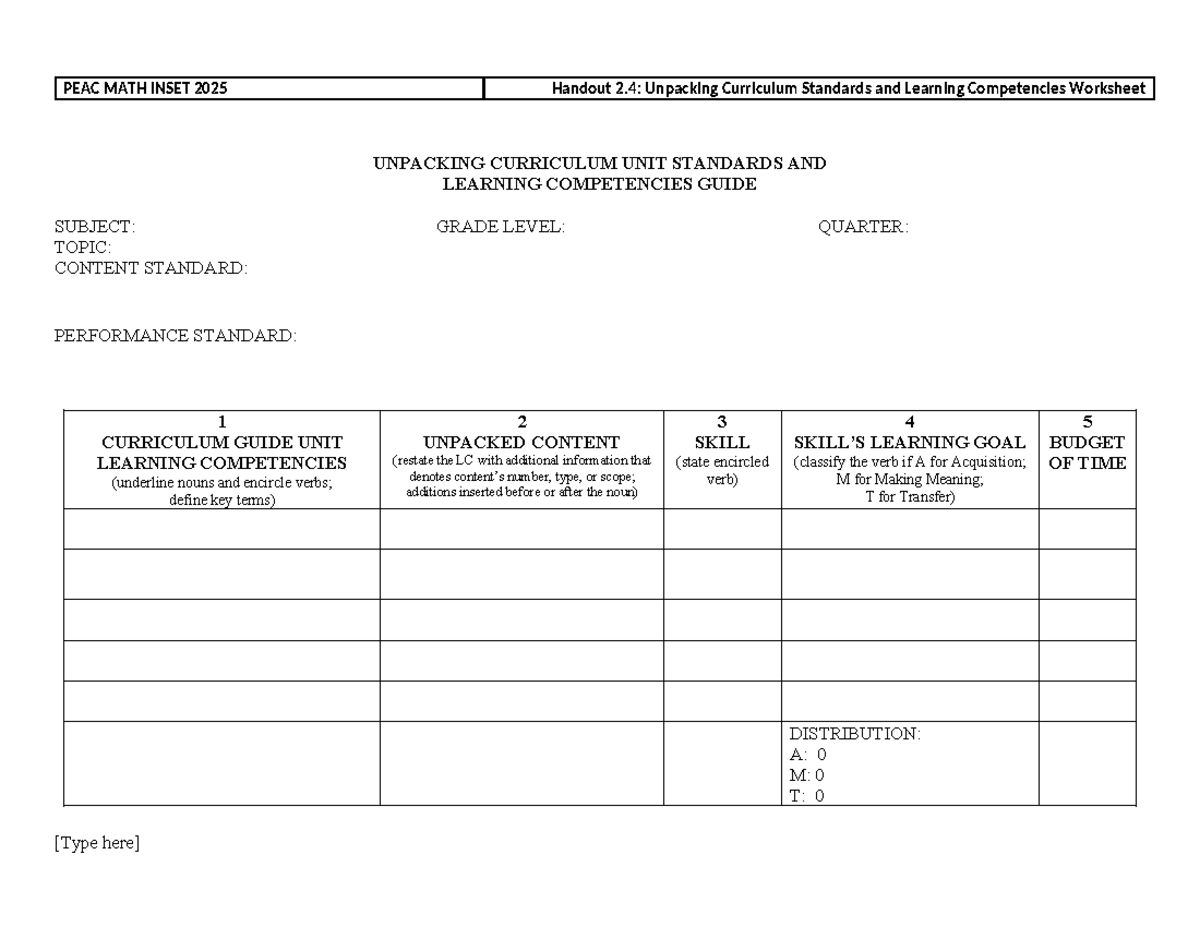 PEAC MATH INSET 2025 Handout 2.4: Curriculum Standards Worksheet - Studocu