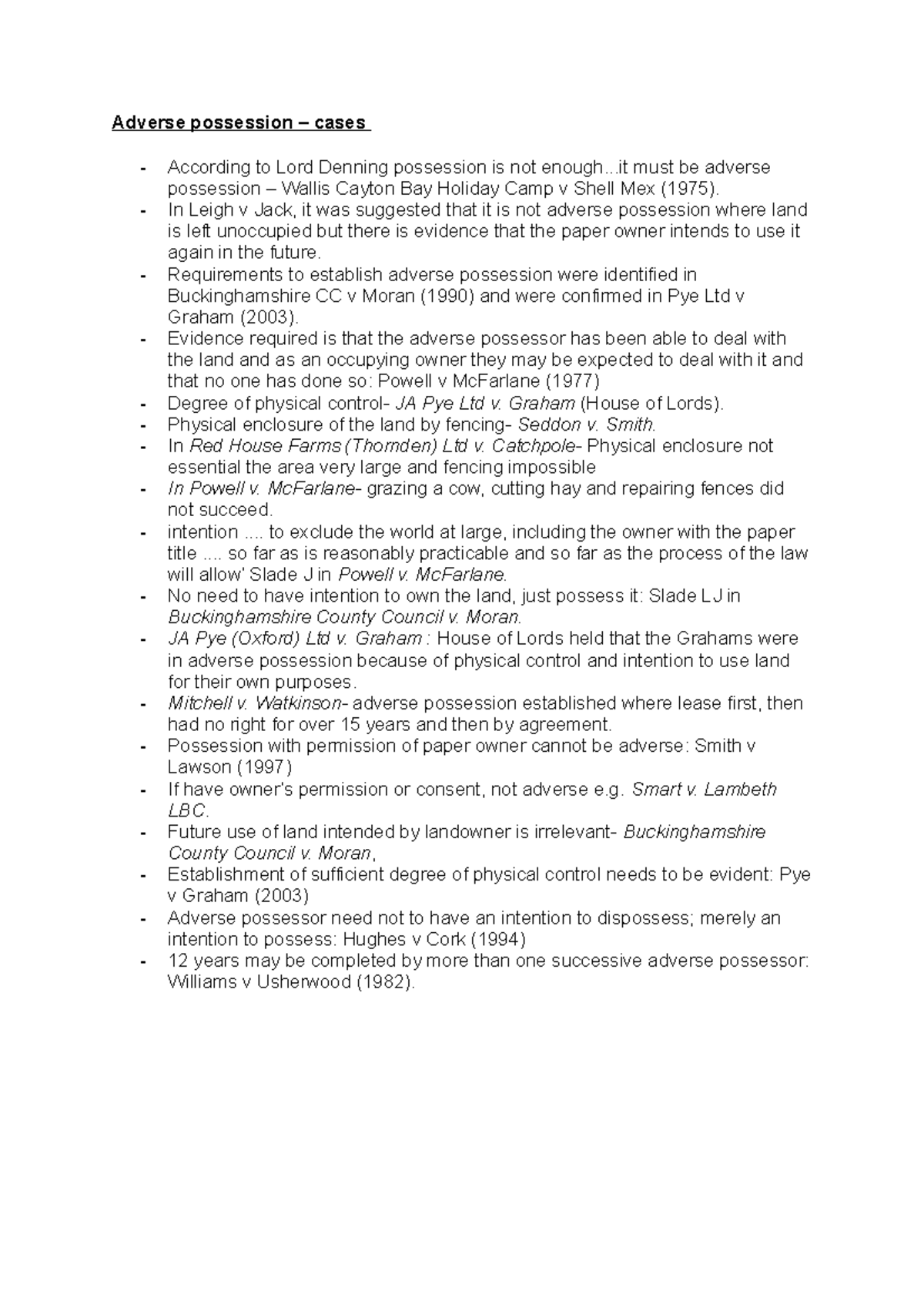 Adverse Possession Cases Overview and Key Legal Principles - Studocu