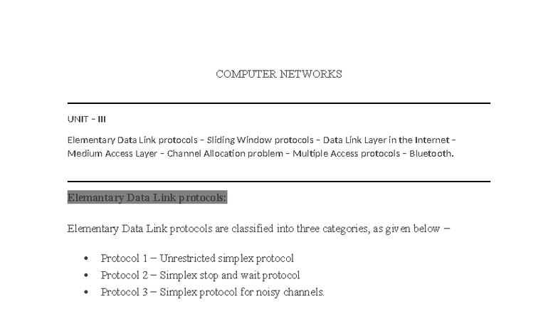 Computer Networks Unit Iii Elementary Data Link Protocols Overview