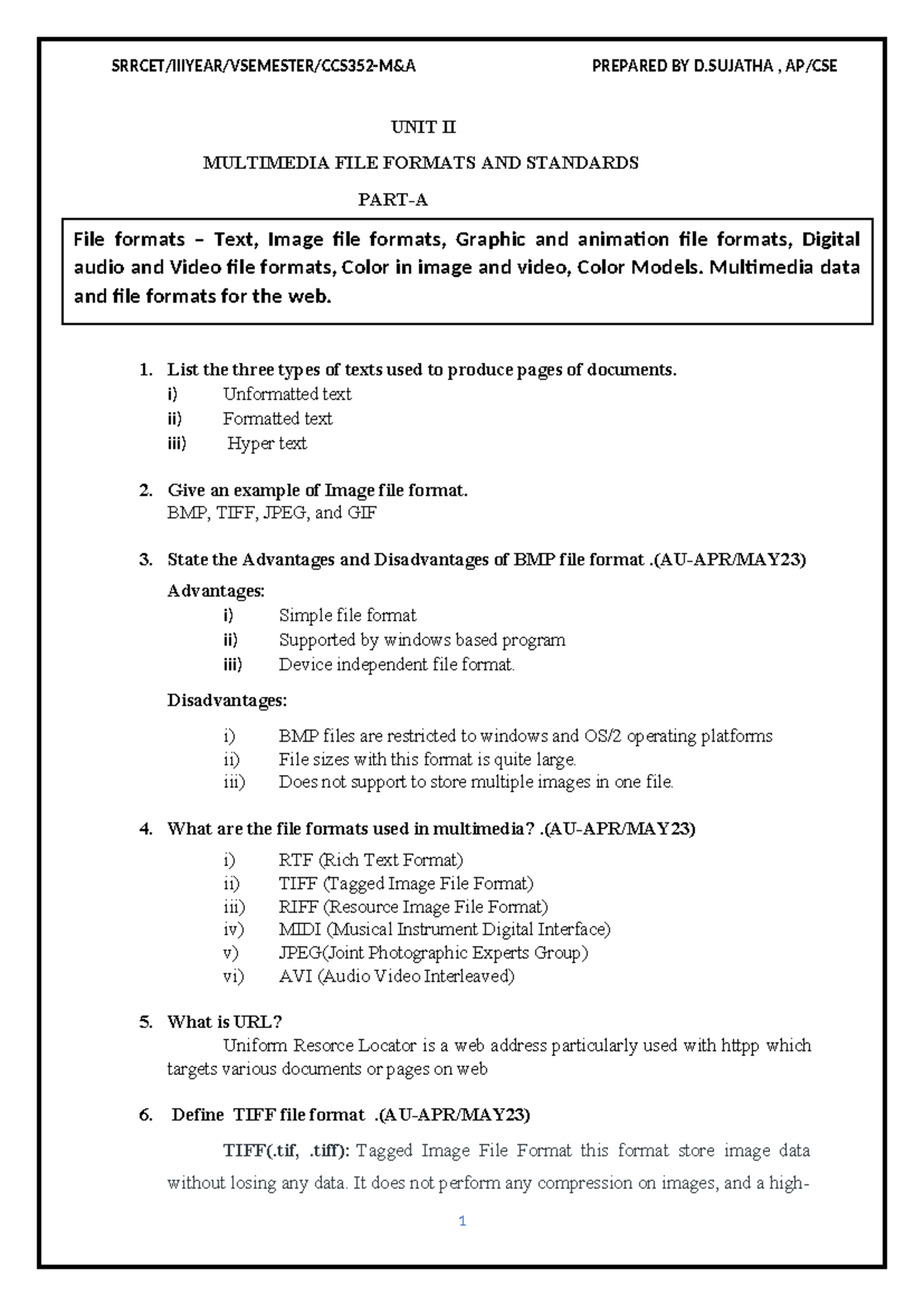 UNIT II-ccs352 - Multimedia File Formats and Standards Lecture Notes ...