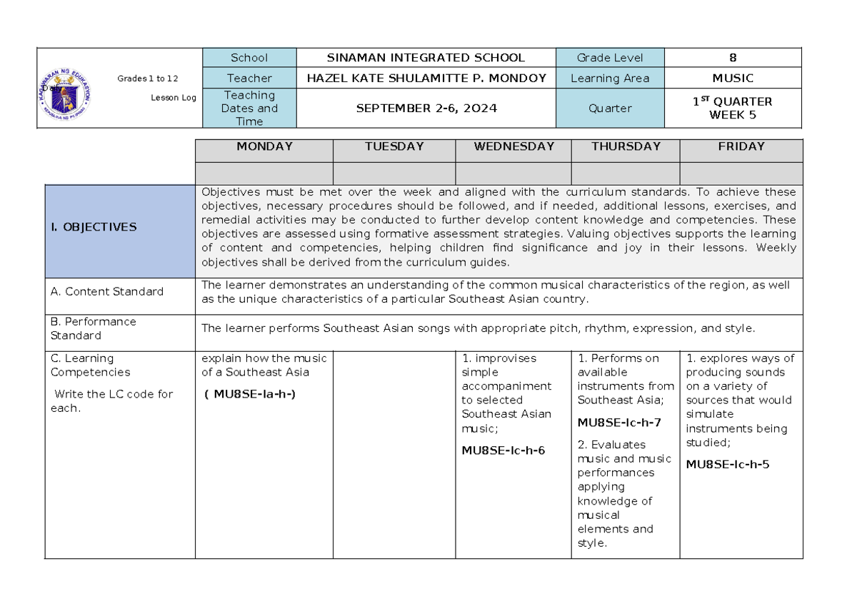 Grade 8 Music Lesson Log: Week 5 (MAPEH) - Southeast Asian Focus - Studocu