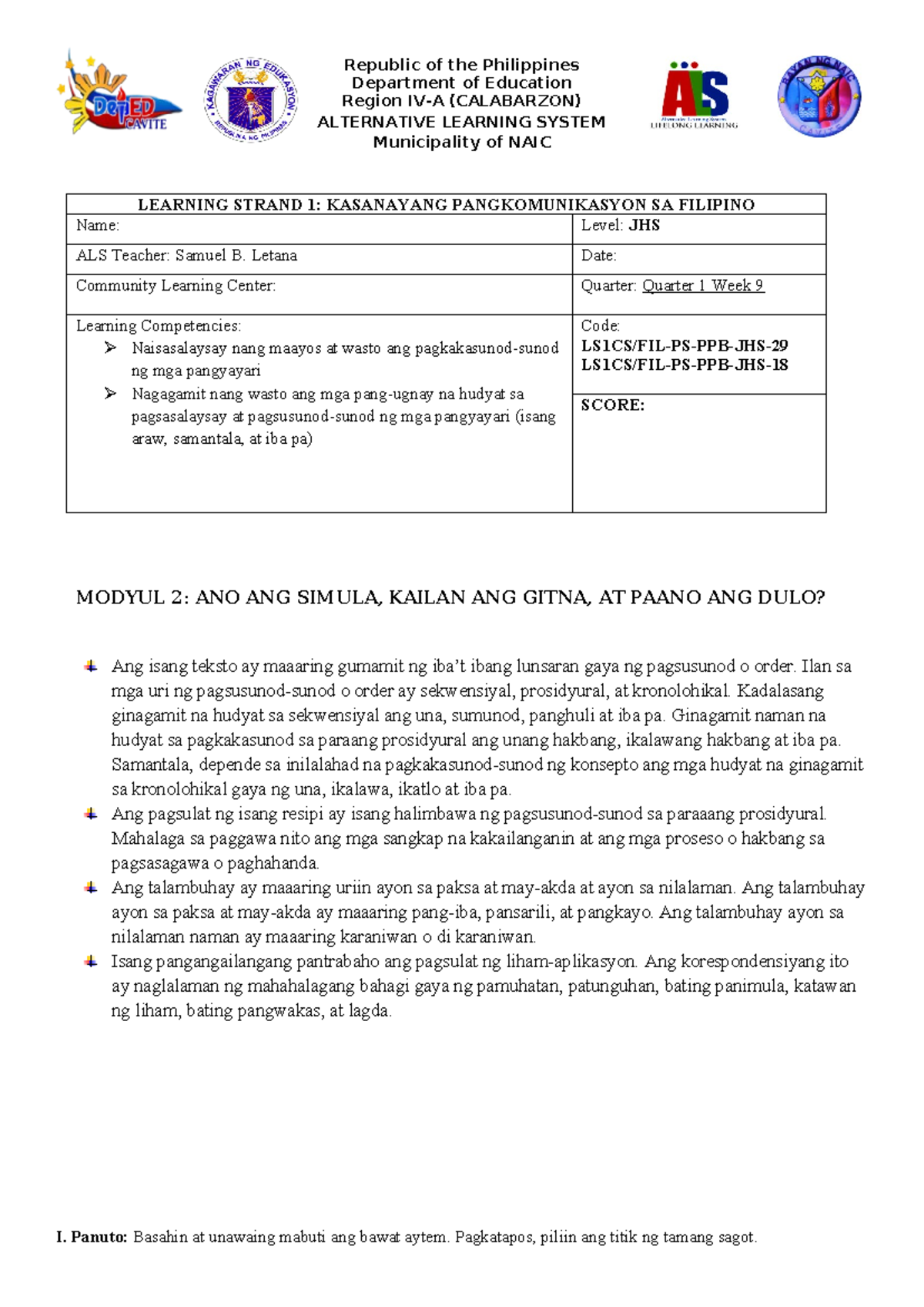 LS 1 Fil Module 2 Act - N/A - Republic of the Philippines Department of ...