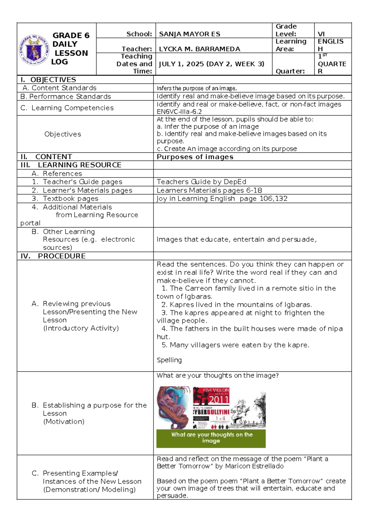 ENG DLL W3 D2 - Daily Lesson Log for Grade 6 English - Studocu