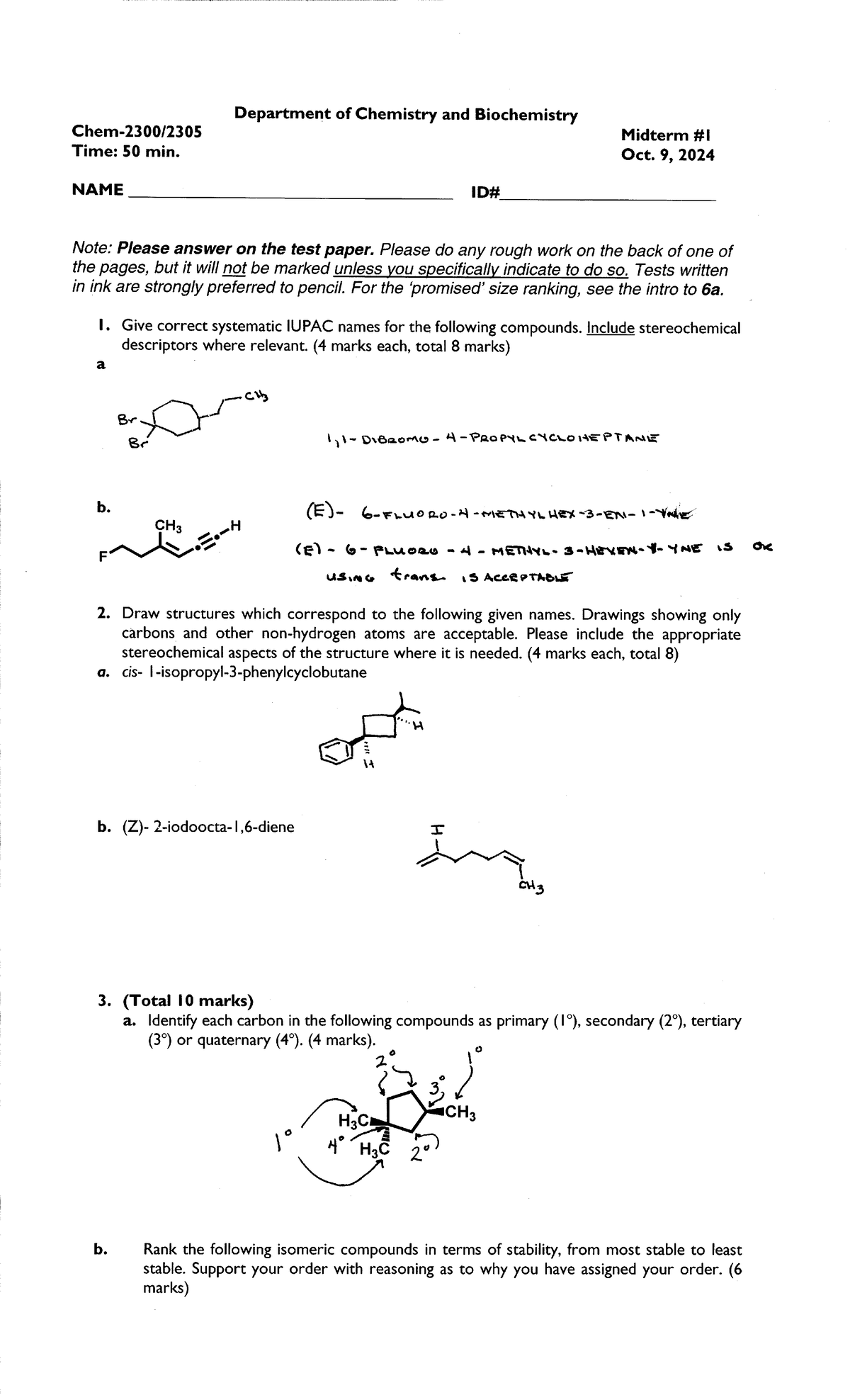 M1 Organic Chemistry Midterm Exam Solutions - Oct 9, 2024 - Studocu