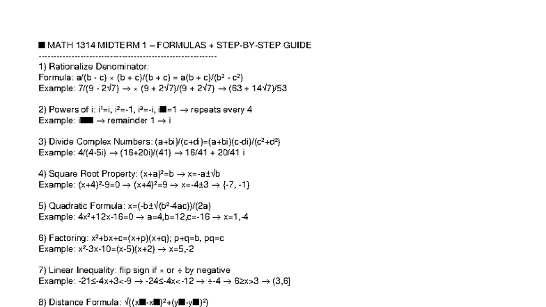 MATH1314 Midterm 1 Study Guide - n MATH 1314 MIDTERM 1 – FORMULAS ...