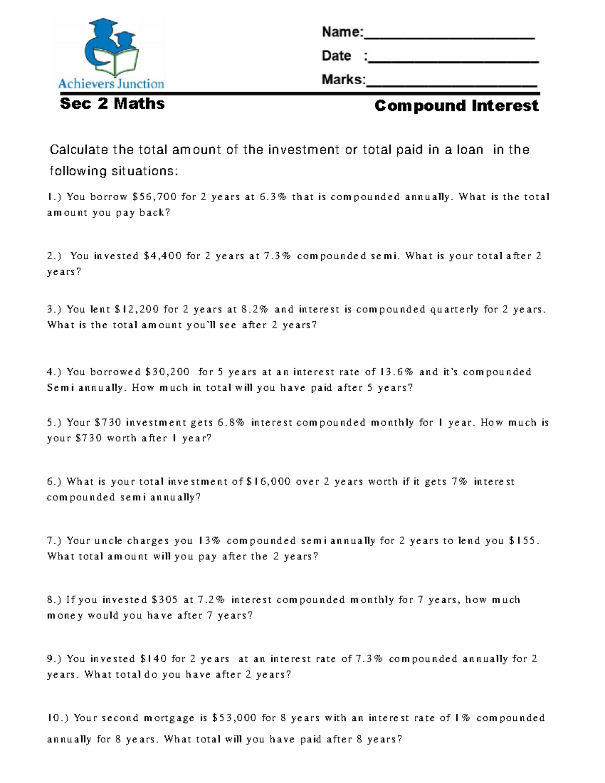 Sec 2 Maths Compound Interest Worksheet 3: Total Amount Calculations ...