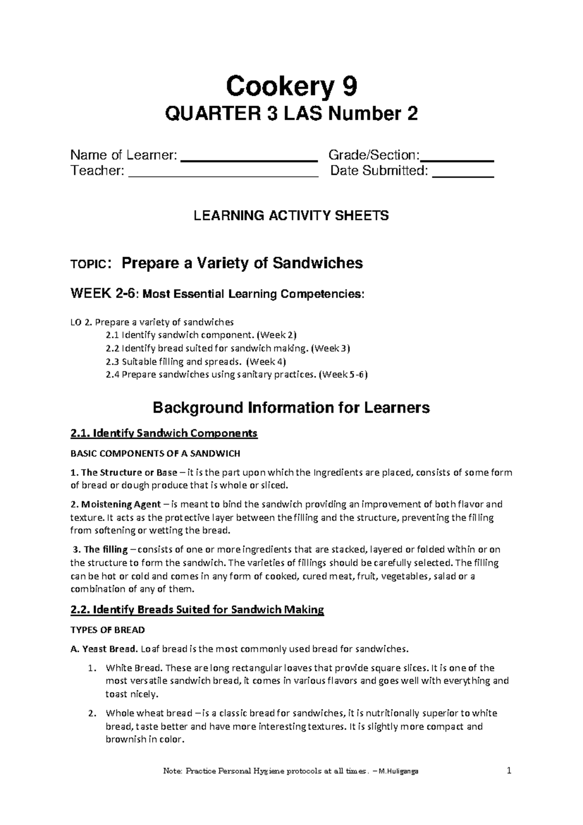 Cookery 9 Quarter 3 LAS Number 2 (For Weeks 2-6) - Cookery 9 QUARTER 3 ...