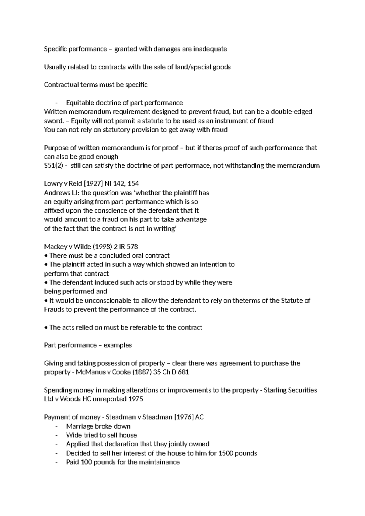 Contract Law: Specific Performance & Part Performance Analysis - Studocu