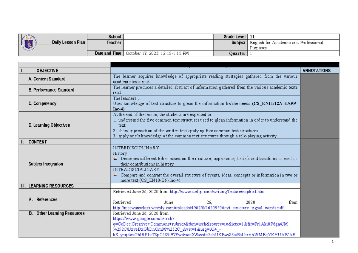 Daily Lesson Plan for CO - EAPP: Understanding Text Structures - Studocu