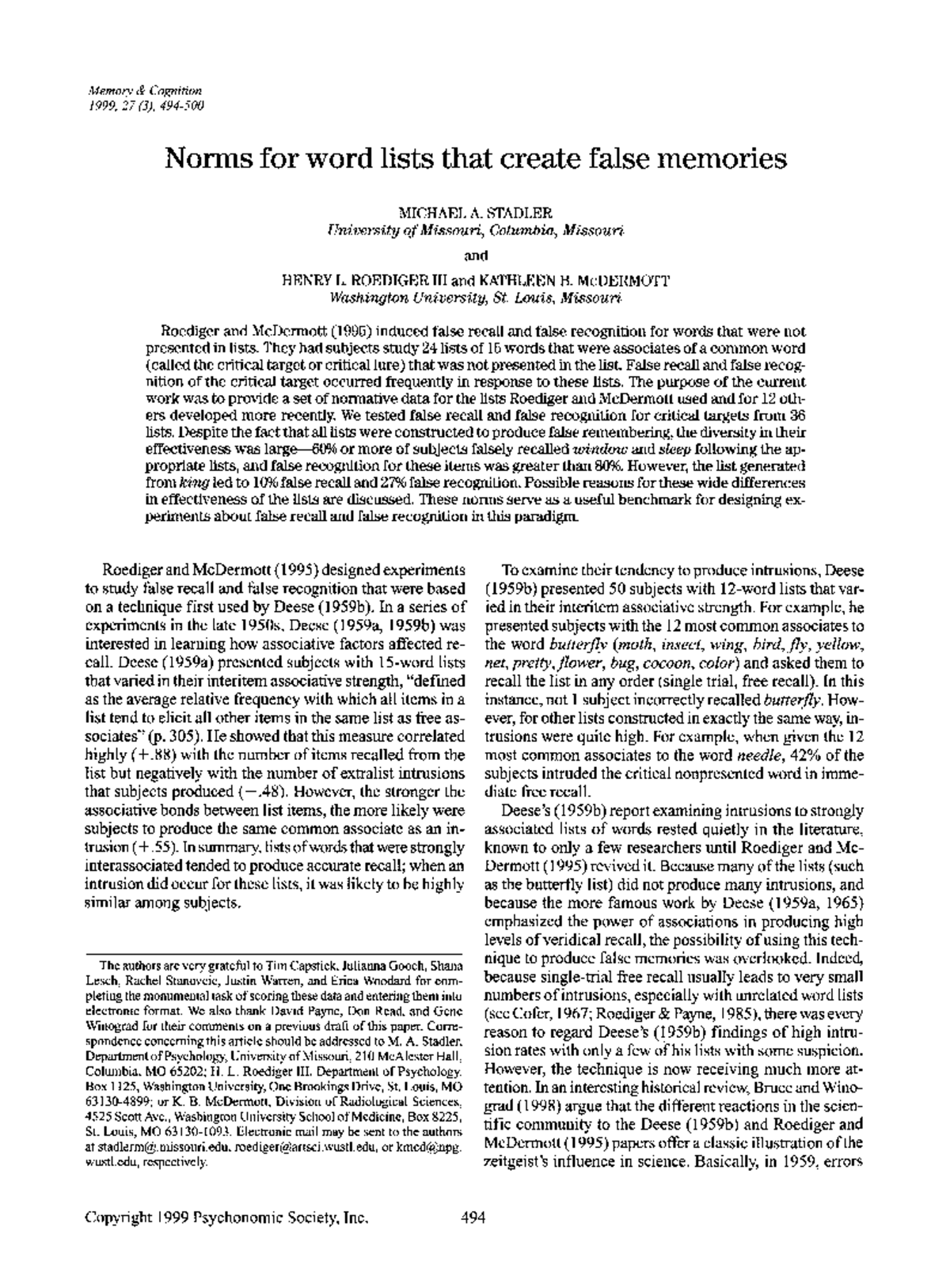 Norms for Word Lists Inducing False Memories (PSY 101) - Studocu