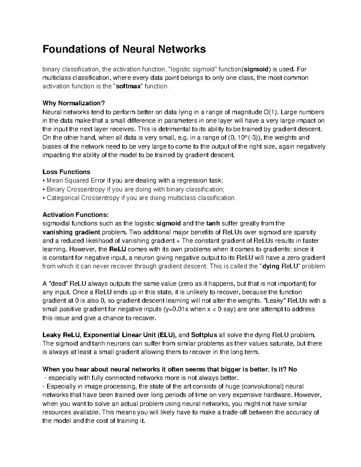 Deep Learning Notes 1 - Foundations, Activation & Regularization ...