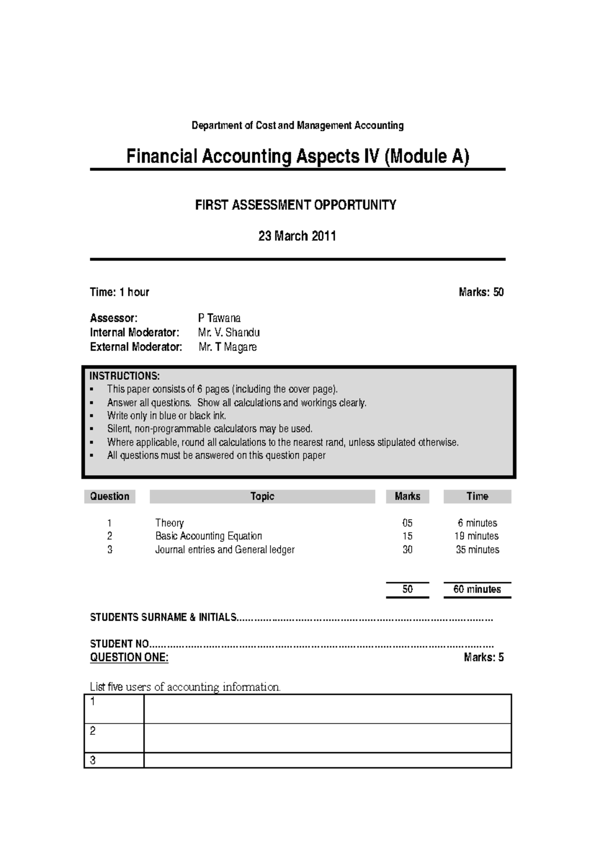 Financial Accounting Assessment Paper ACCX 171 - March 2011 - Studocu