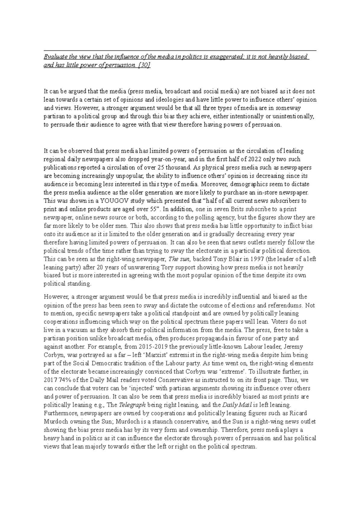 Media Essay Analysis: The Exaggerated Influence in Politics - Studocu