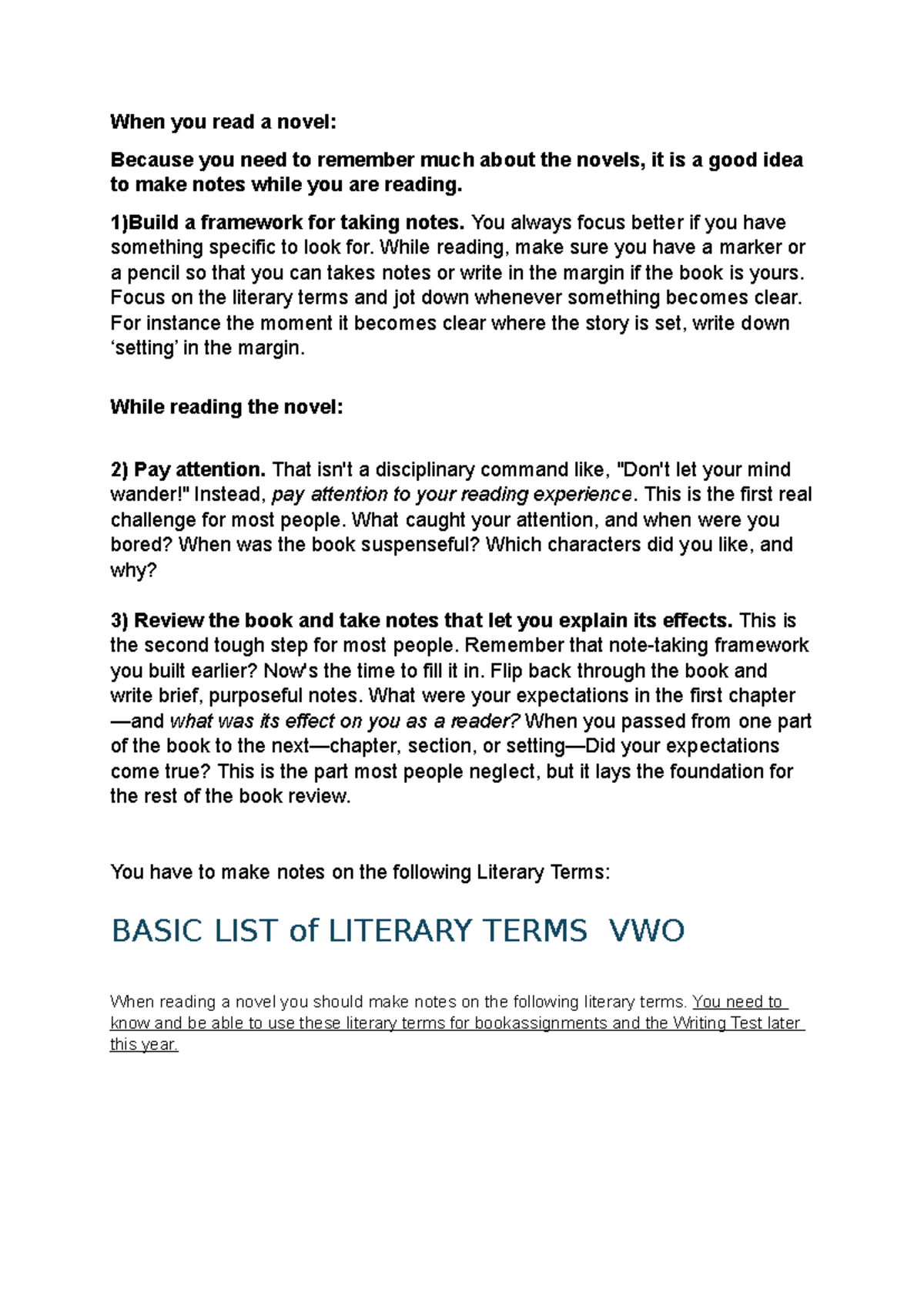 Note-Taking Guide on Literary Terms for Novels - Studeersnel