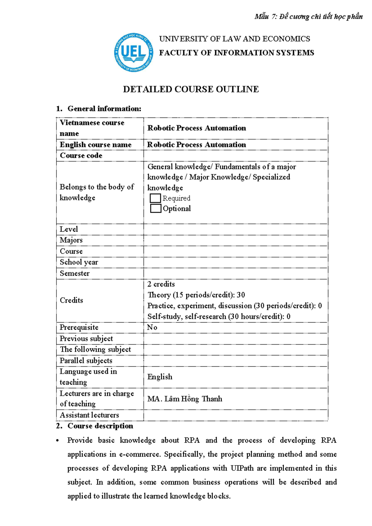 Đề cương chi tiết học phần RPA (Robotic Process Automation) - Mã học ...