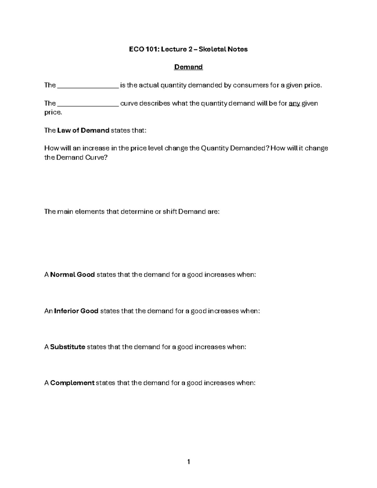 ECO 101: Lecture 2 - Demand and Supply Skeletal Notes - Studocu