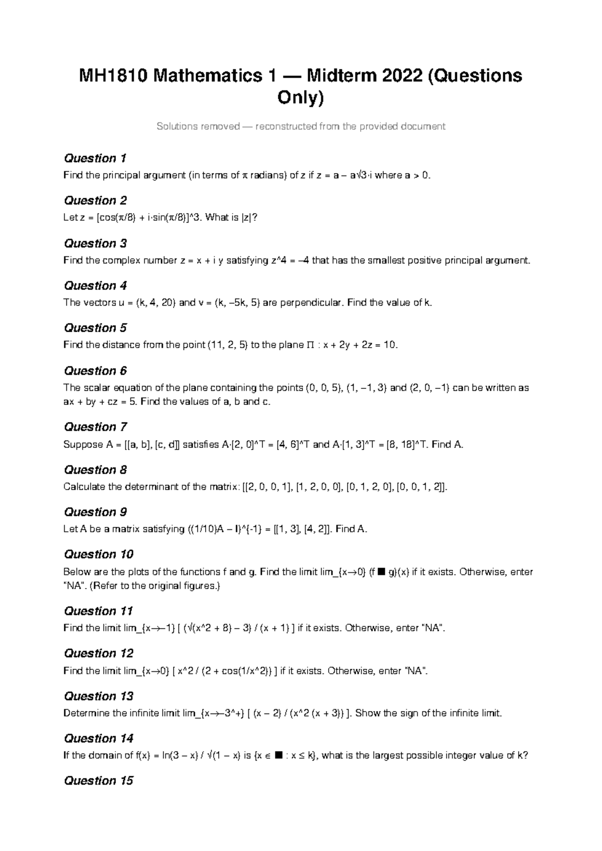 MH1810 Mathematics 1 Midterm 2022 Questions Only - Studocu