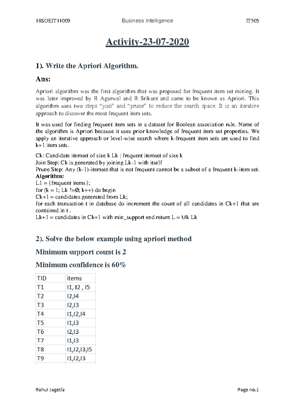 Activity 07: Apriori Algorithm in Data Mining (18 Soeit 11009) - Studocu