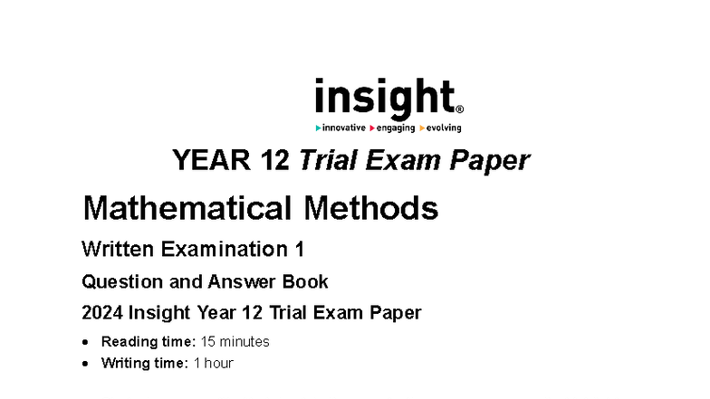 2024 VCE Mathematical Methods Trial Exam Paper 1 Q&A Book - Studocu