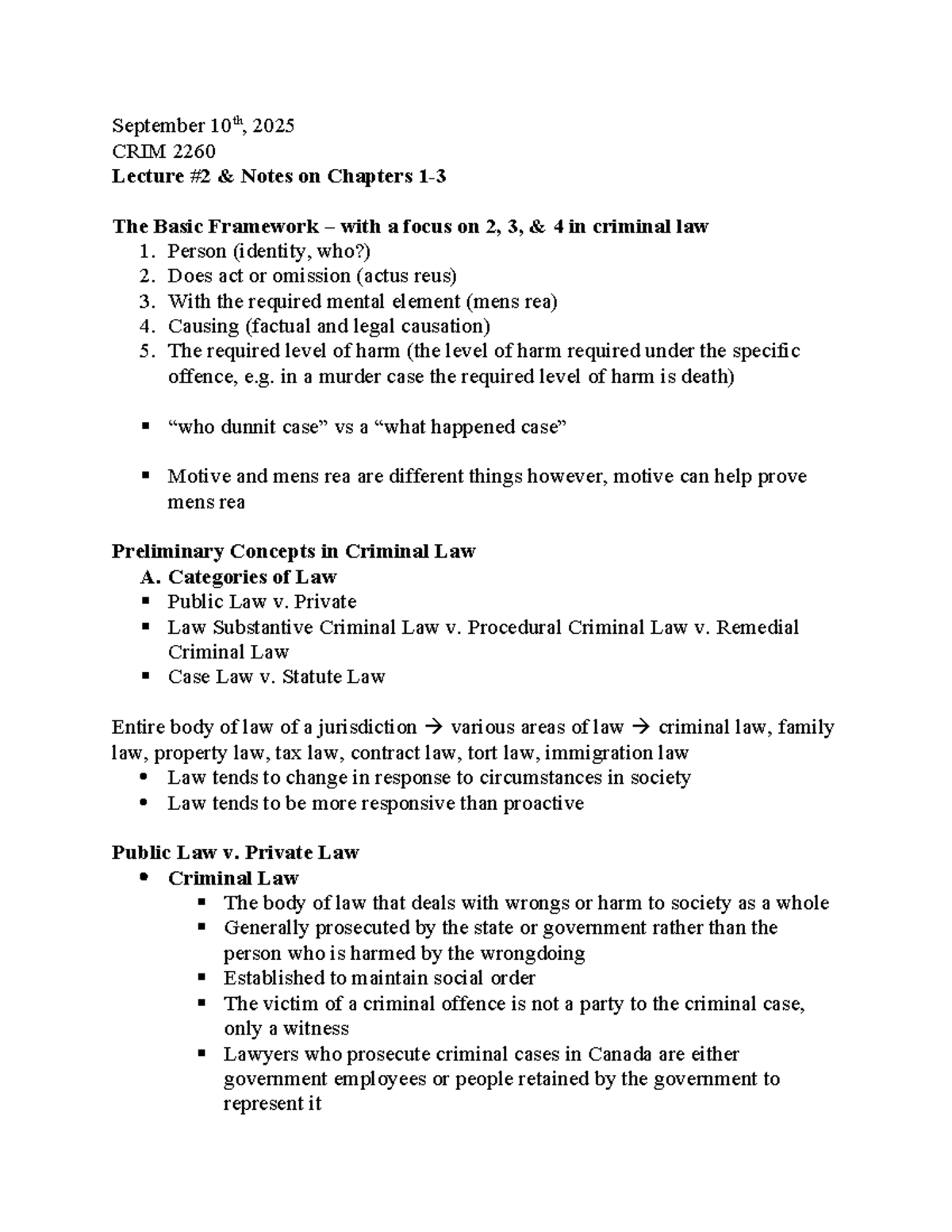 CRIM 2260 Lecture Notes: Key Concepts in Criminal Law Framework - Studocu