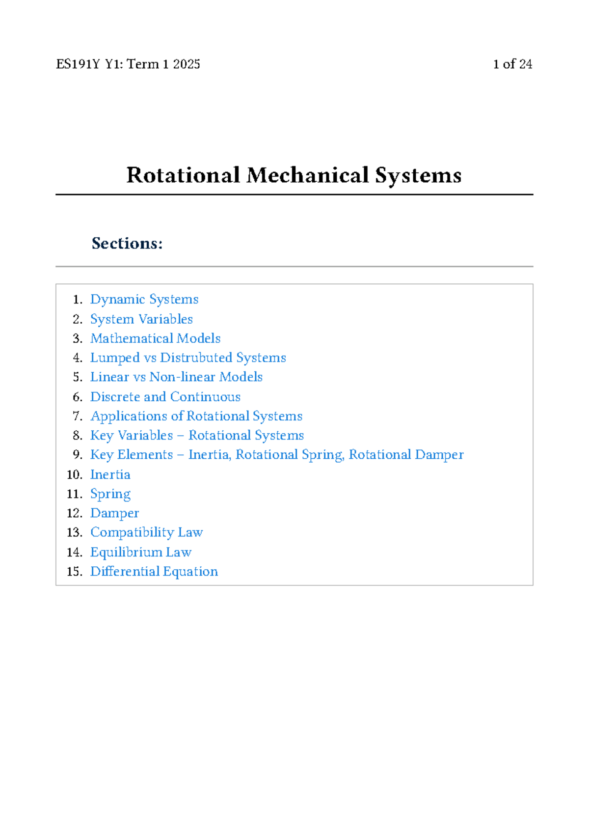 ES191Y Y1: Term 1 2025 Lecture Notes on Rotational Mechanical Systems ...