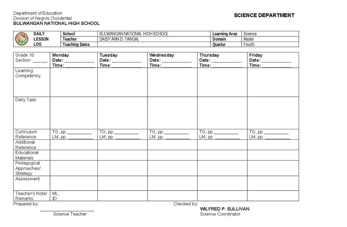 Grade 10 Science Daily Lesson Log - Bulwangan National High School ...