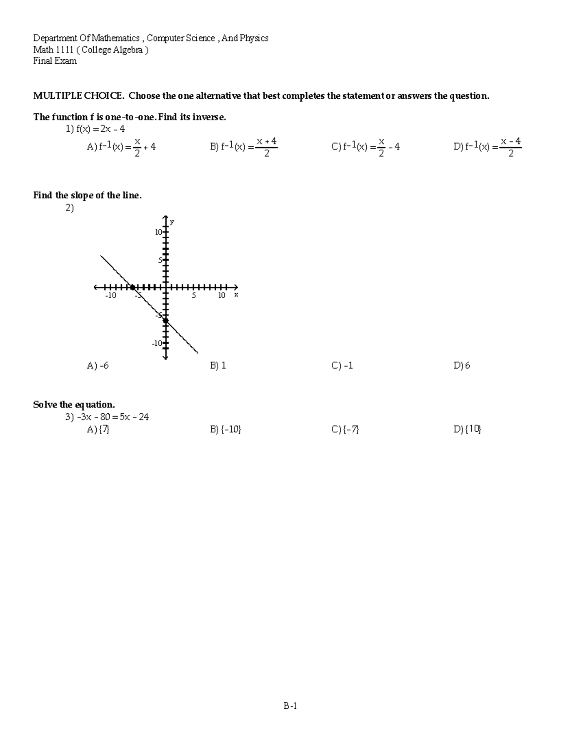 MATH 1111 - College Algebra Final Exam Practice Questions - Studocu