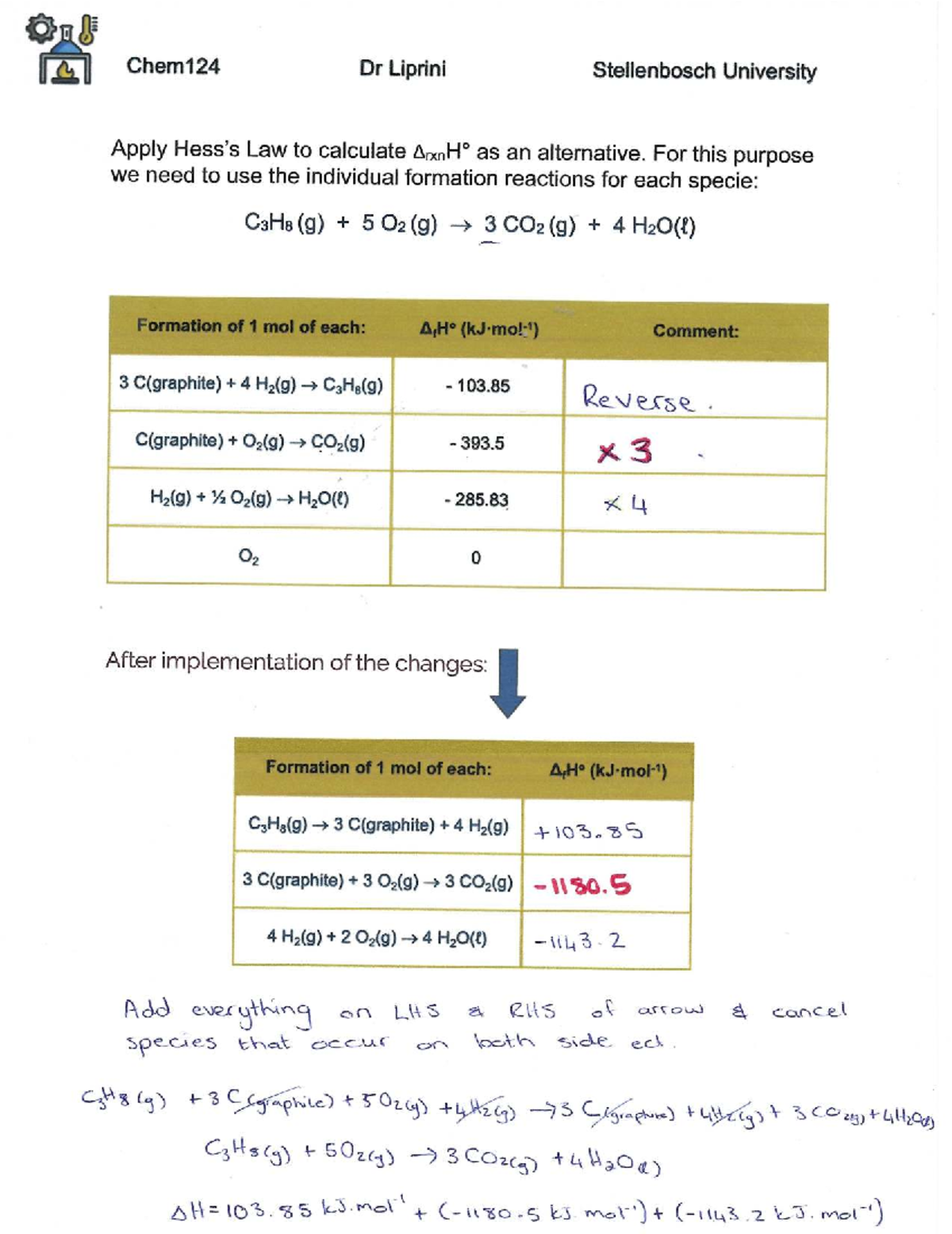 Chem124 Lecture Notes: Hess's Law and Enthalpy Calculations - Studocu