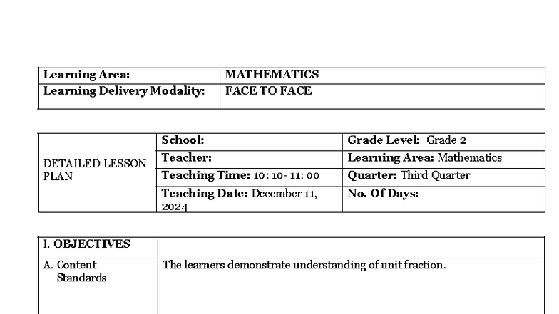 Detailed lesson plan for mathematics (Grade 2) on unit fractions - Studocu