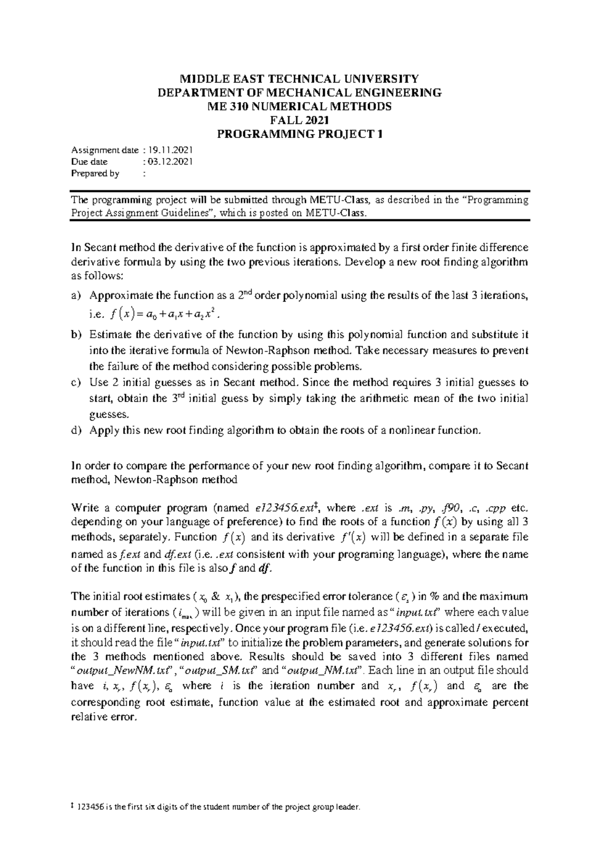 ME310 Programming Project 1 - Numerical Methods Fall 2021 - Studocu
