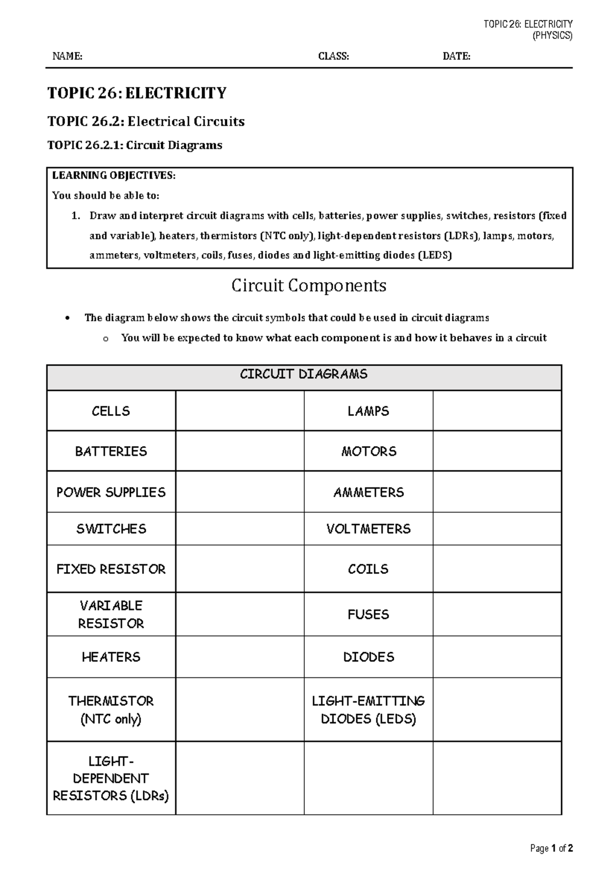 PHYSICS 101: Topic 26 - Electricity & Circuit Diagrams Notes - Studocu