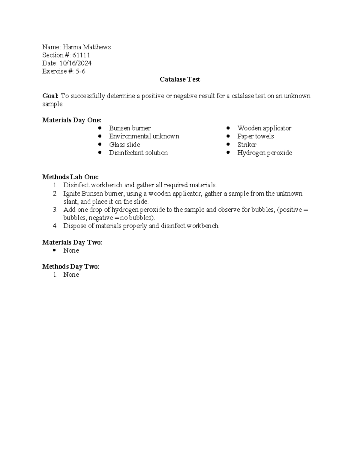 5-6 - Pre lab for catalase test exercise and methods - Studocu
