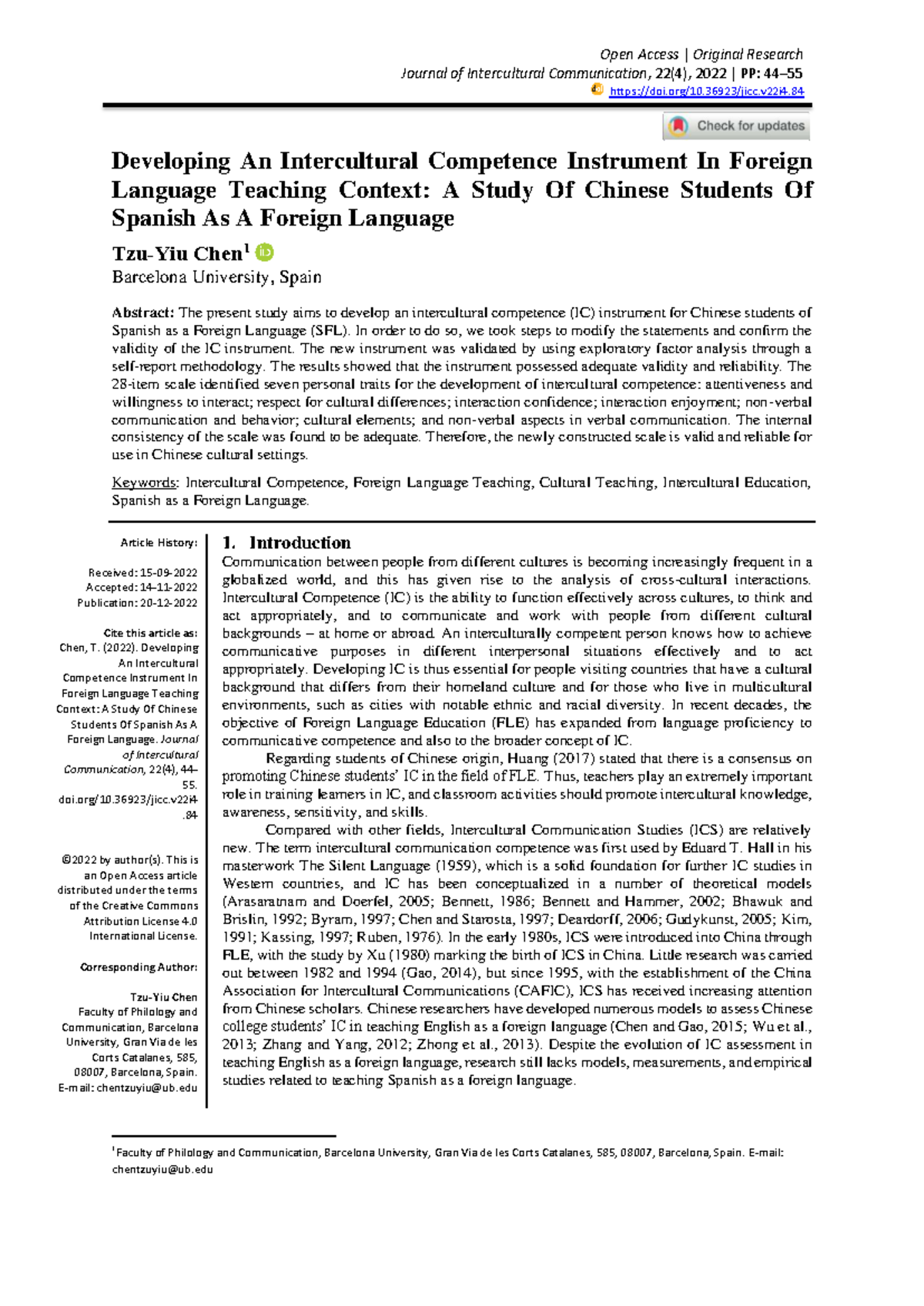 Developing an Intercultural Competence Instrument for Chinese SFL ...