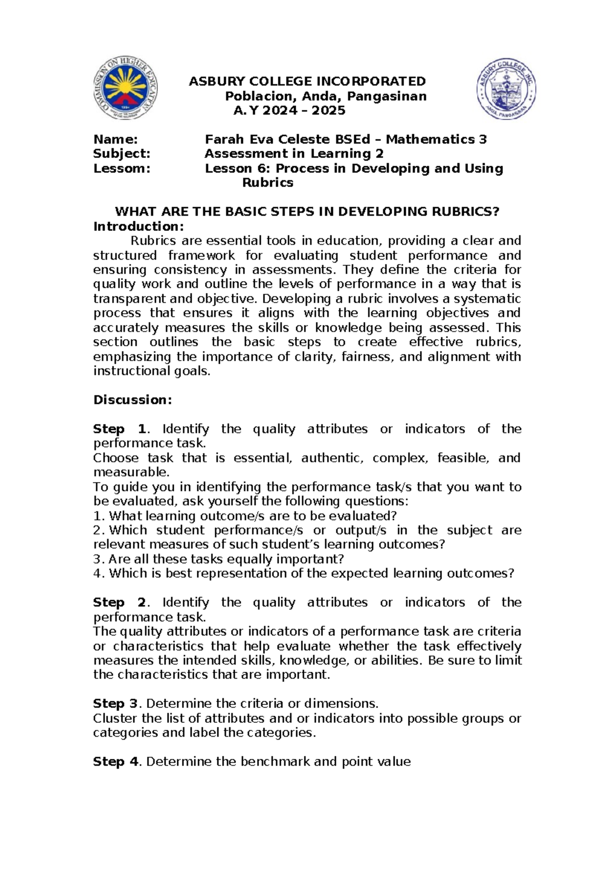 DP AIL2 - Assessment in Learning 2 Lesson 6 Steps in Making Rubrics ...