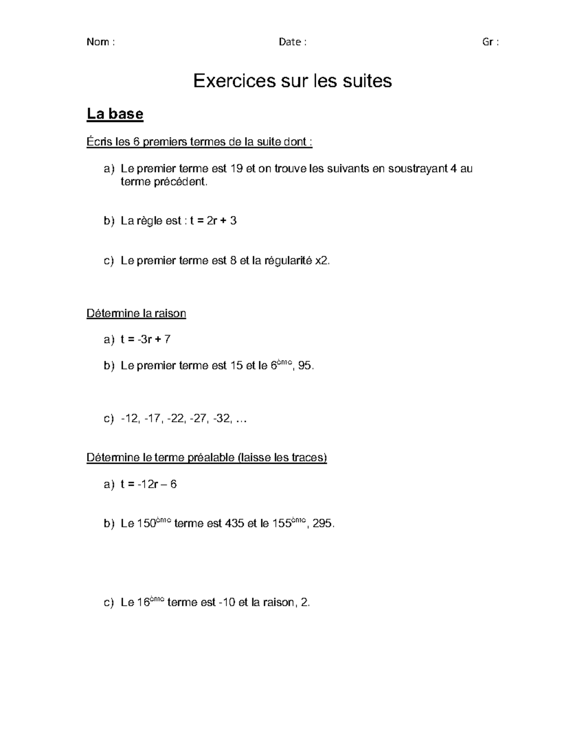 Exercices sur les Suites Arithmétiques - Sec 1 - Studocu