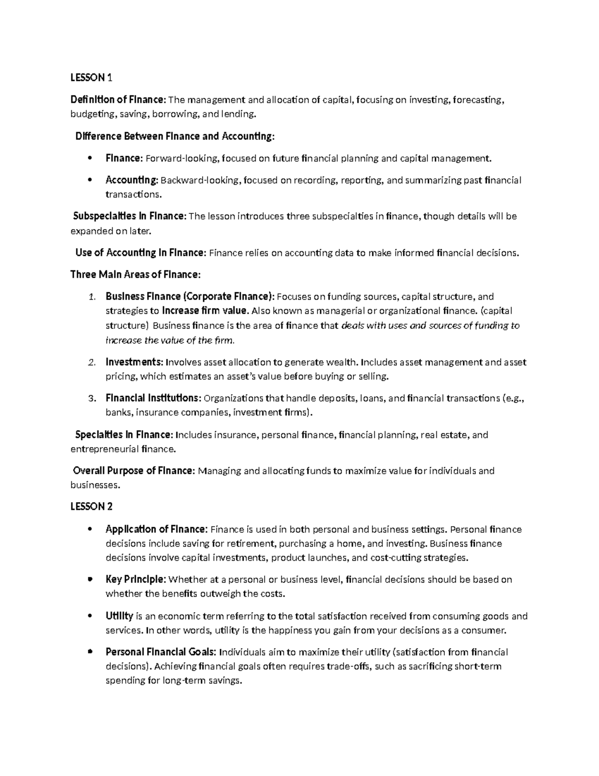 Business Finance Textbook Summary - LESSON 1 Definition of Finance: The ...