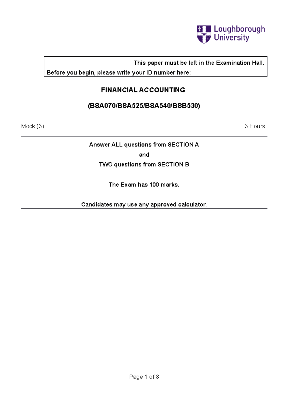 Mock Exam 3 - accounting - This paper must be left in the Examination ...