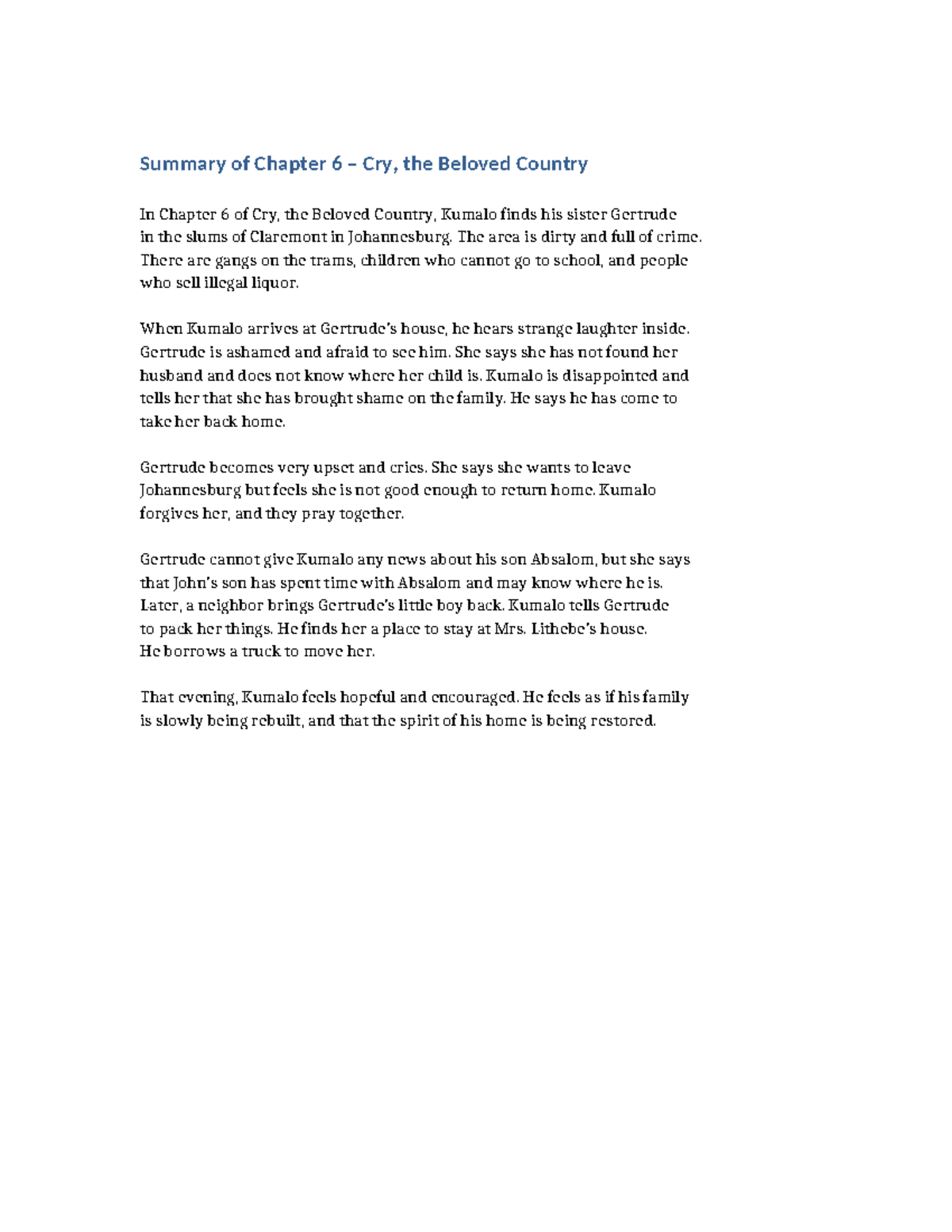 Cry, the Beloved Country Chapter 6 Summary Analysis Studocu