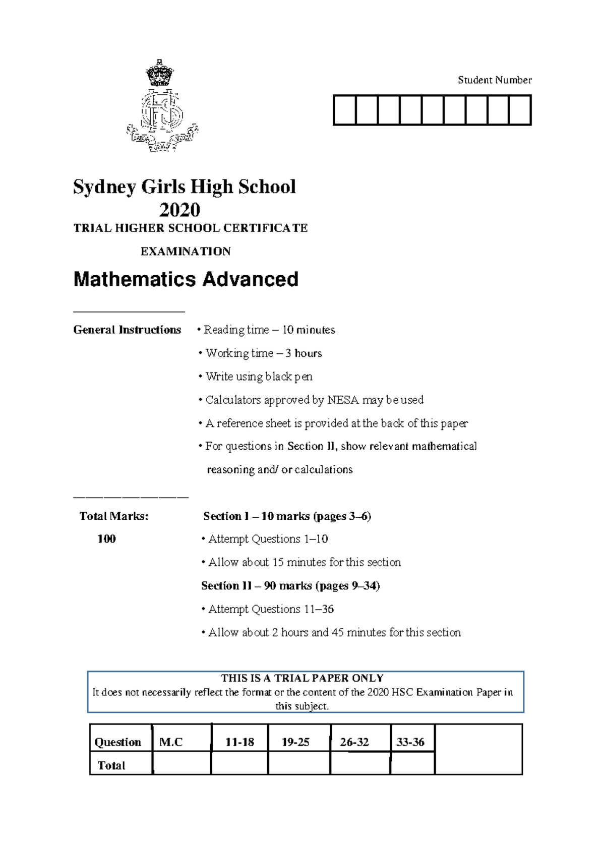2020 THSC Mathematics Advanced - Student Number Sydney Girls High ...